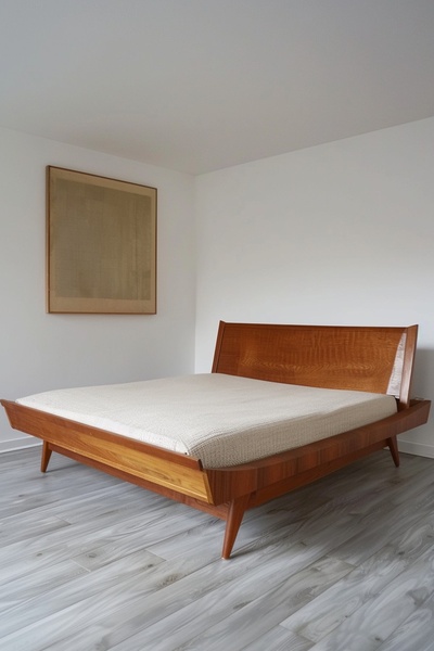 wooden bed frame, platform bed, modern bed, bedroom furniture, king size bed, bestseller push, minimalist, lifestyle, calm, brown, neutral
